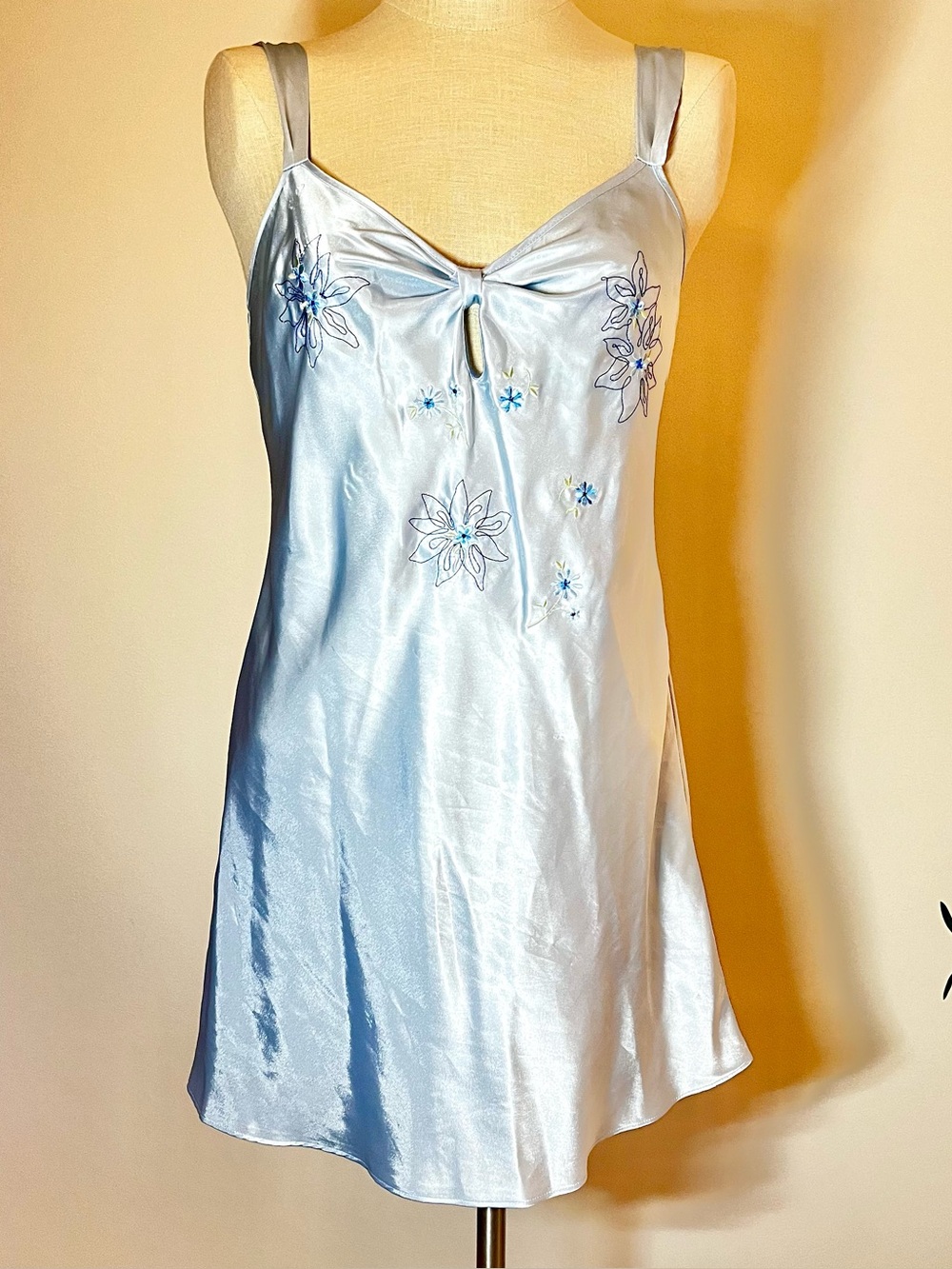 Vintage Light Blue Satin Slip Dress with Floral Embroidered nightie